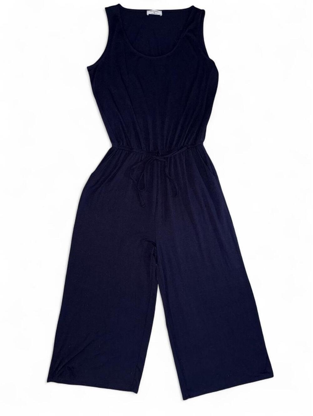 Zenana Women's Navy blue wide leg Jumpsuit drawstring waist sz XL nautical soft